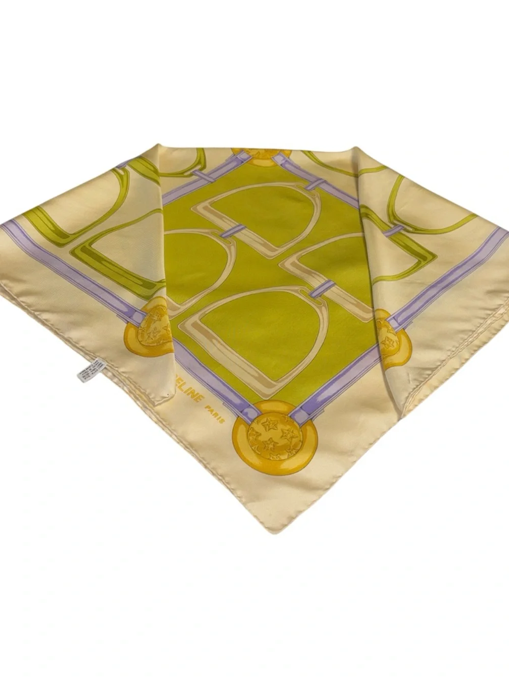 Celine Silk Scarf in Cream, Green & Purple with Gold Motif